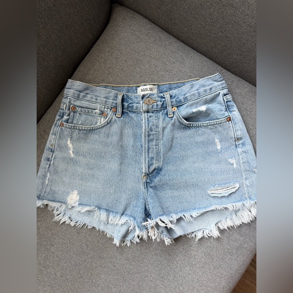 Agolde Women 26 PARKER Blue Distressed Denim Jean Shorts Button Fly All Cotton - Picture 2 of 9